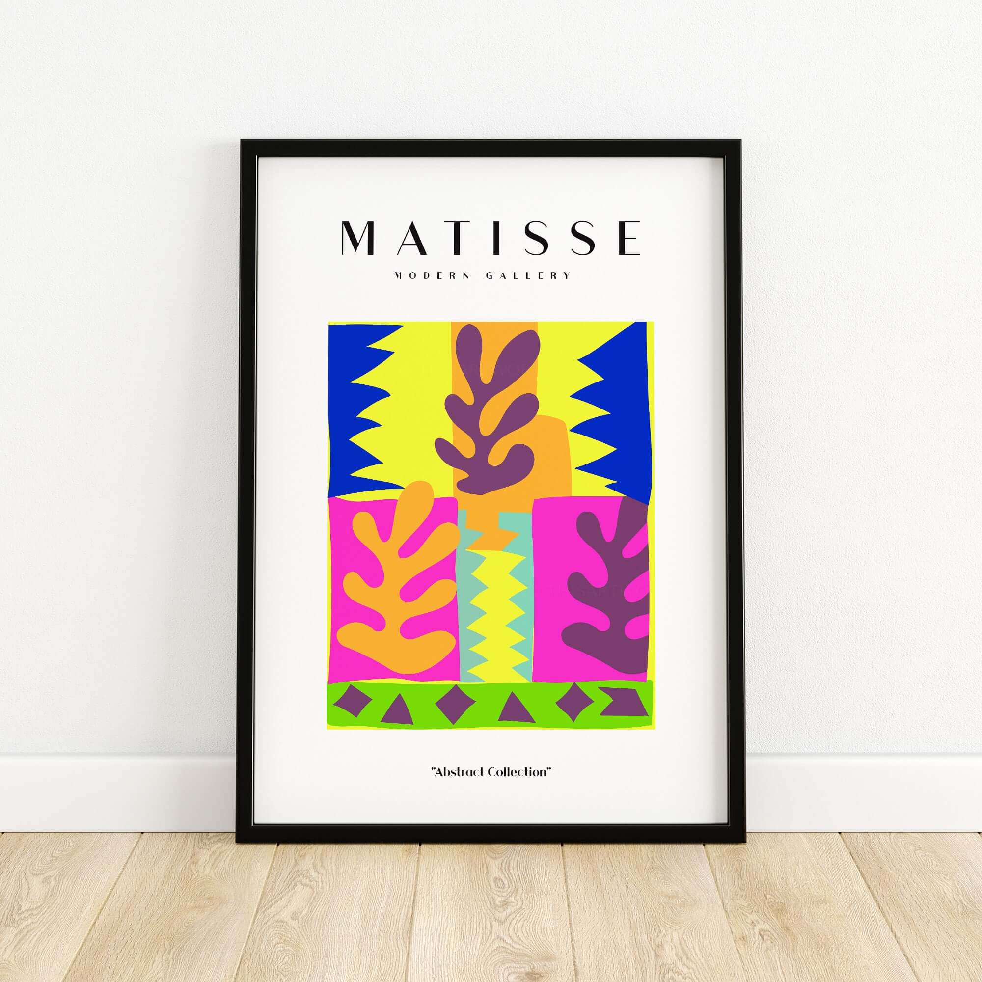 Matisse Art Prints - Colorful Abstract Leaves Blocks Wall Art framed in modern decor setting.