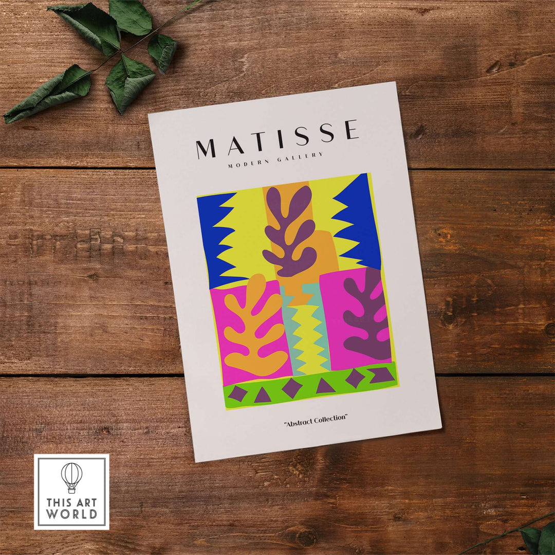 Matisse art print featuring colorful abstract leaves and geometric shapes on a wooden background.
