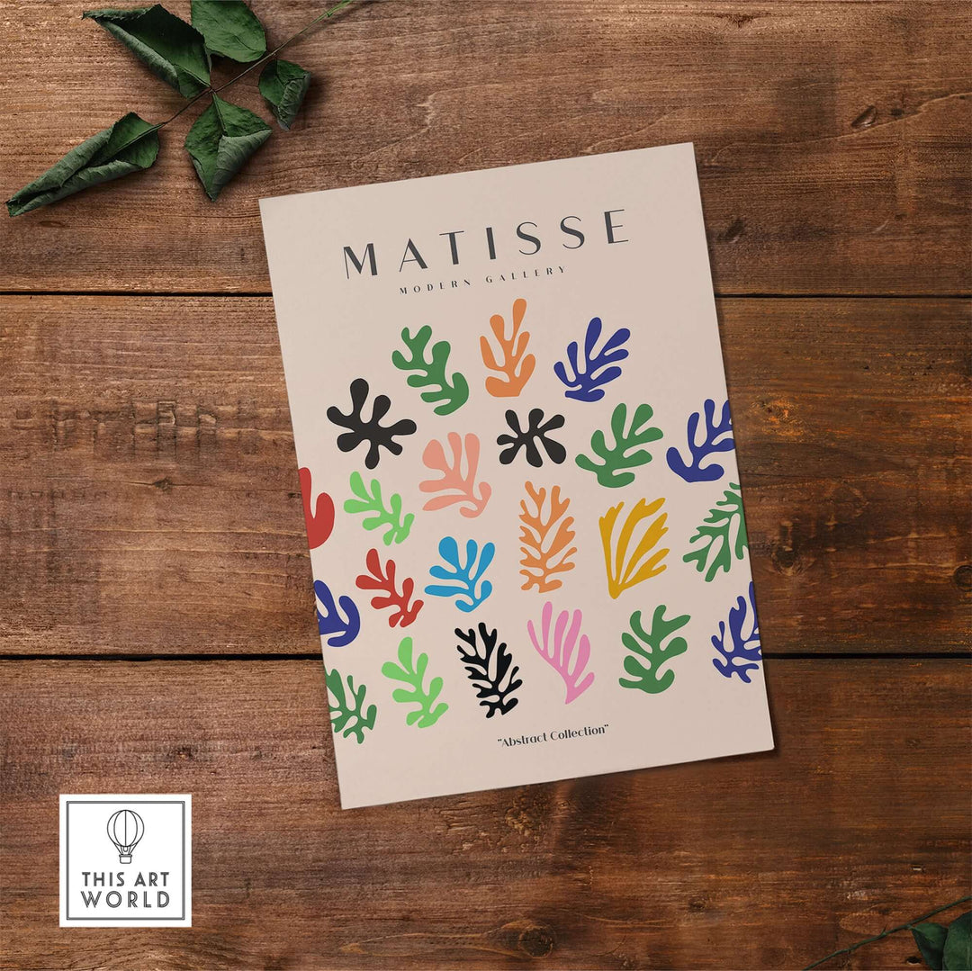 Colorful abstract shapes scatter print inspired by Matisse, featuring vibrant botanical designs on a beige background.