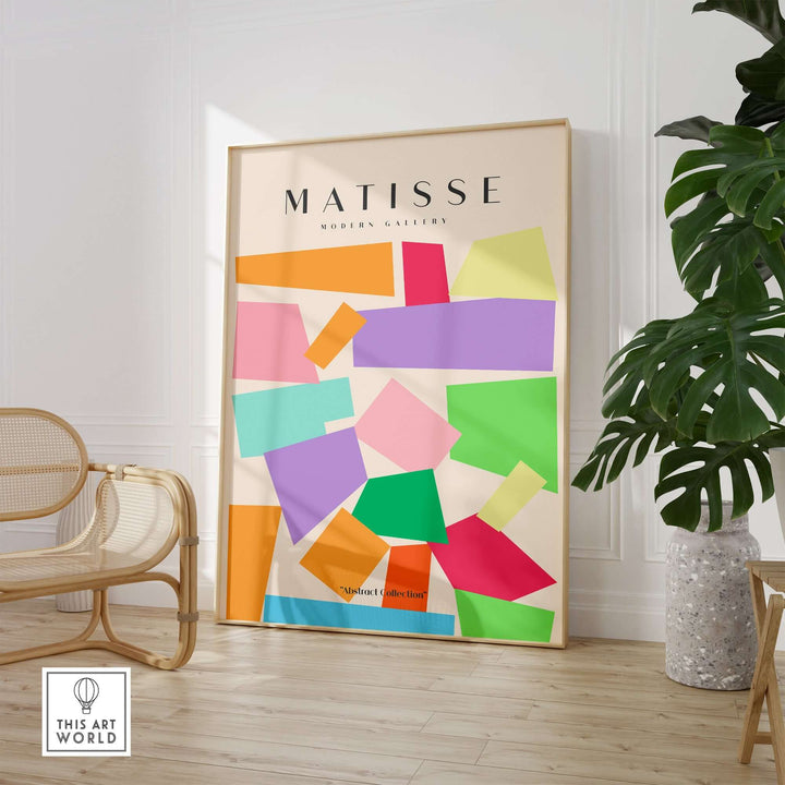 Colorful Matisse-inspired abstract art print with geometric shapes in a stylish interior setting.