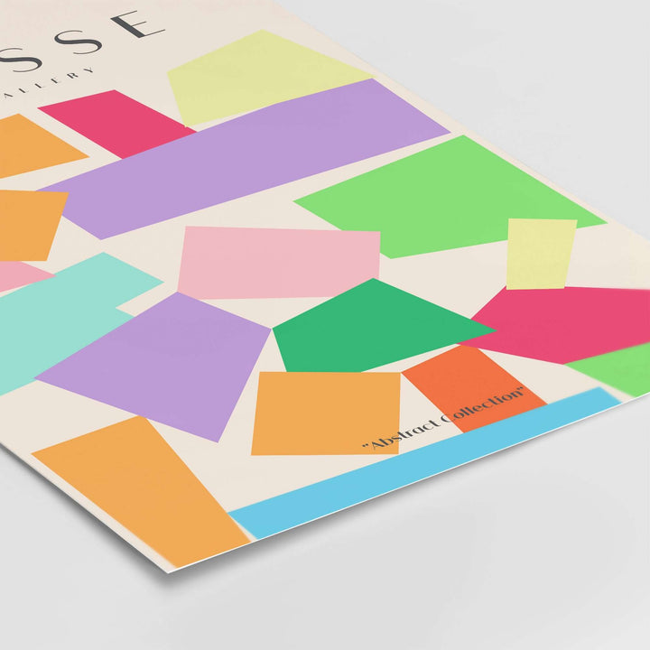 Colorful geometric shapes in pastel colors on an abstract print inspired by Matisse's cut-paper collages.