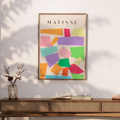 Matisse Art Prints - Colorful Geometric Shapes Abstract Print displayed in a modern frame on a stylish wall.