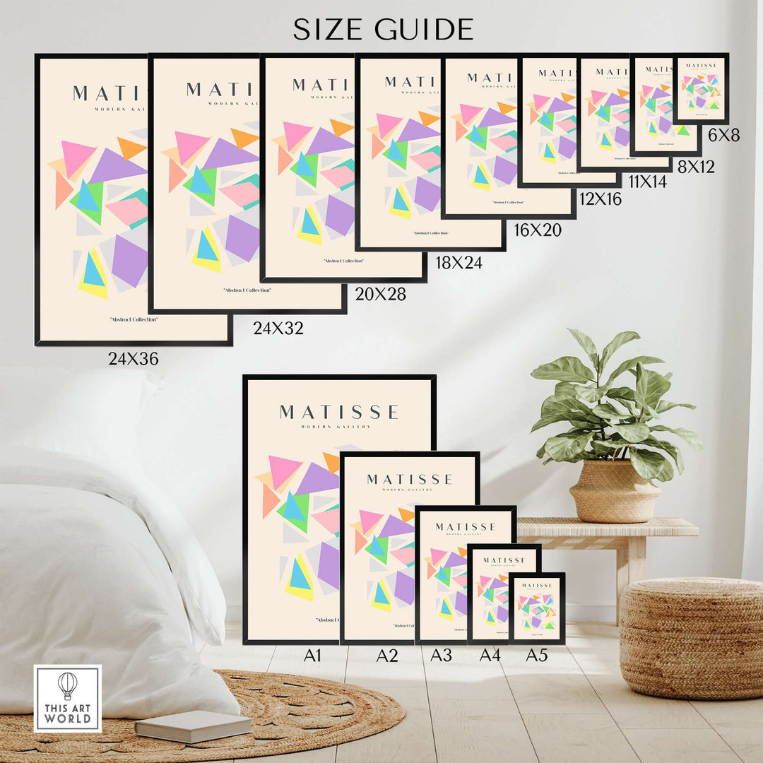 Size guide for Matisse colorful geometric triangles art prints showing various frame dimensions.