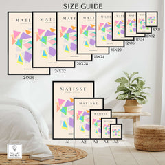 Matisse Art Prints - Colorful Geometric Triangles Poster size guide featuring various dimensions for art display.