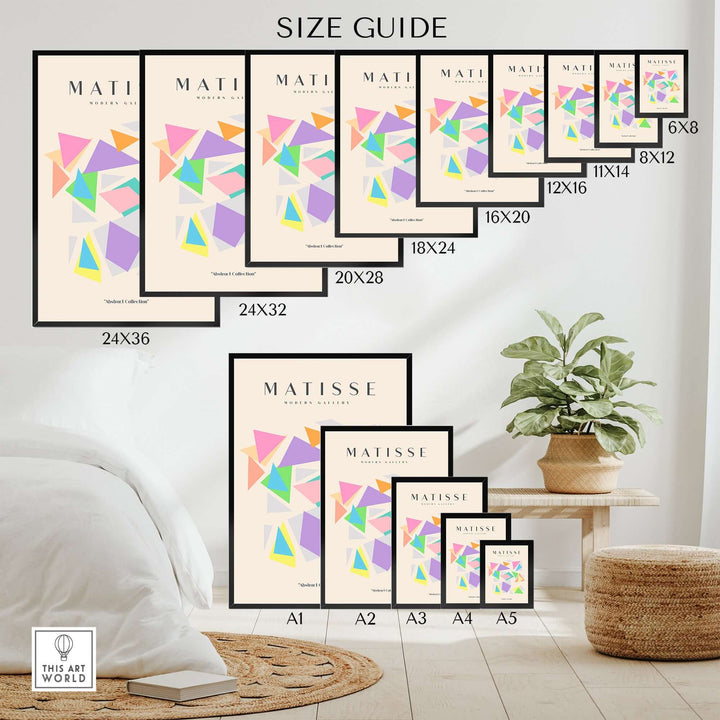 Size guide for Matisse colorful geometric triangles art prints showing various frame dimensions.
