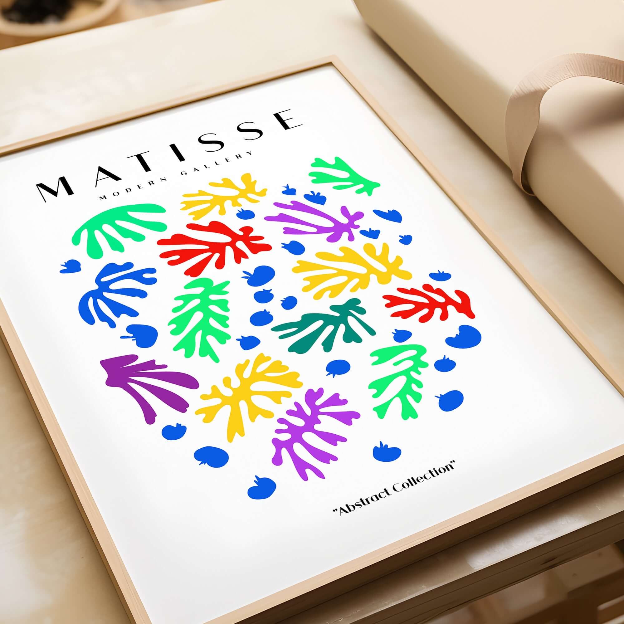 Matisse Art Prints - Colourful Scattered Abstract Leaves Dots Poster featuring vibrant leaves and dots on a white background.