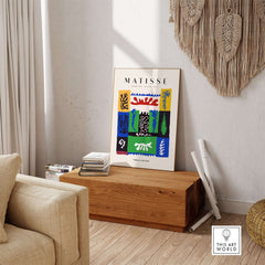 Matisse Art Prints -  Complex Abstract Botanical Patchwork Poster displayed in a stylish living room setting.