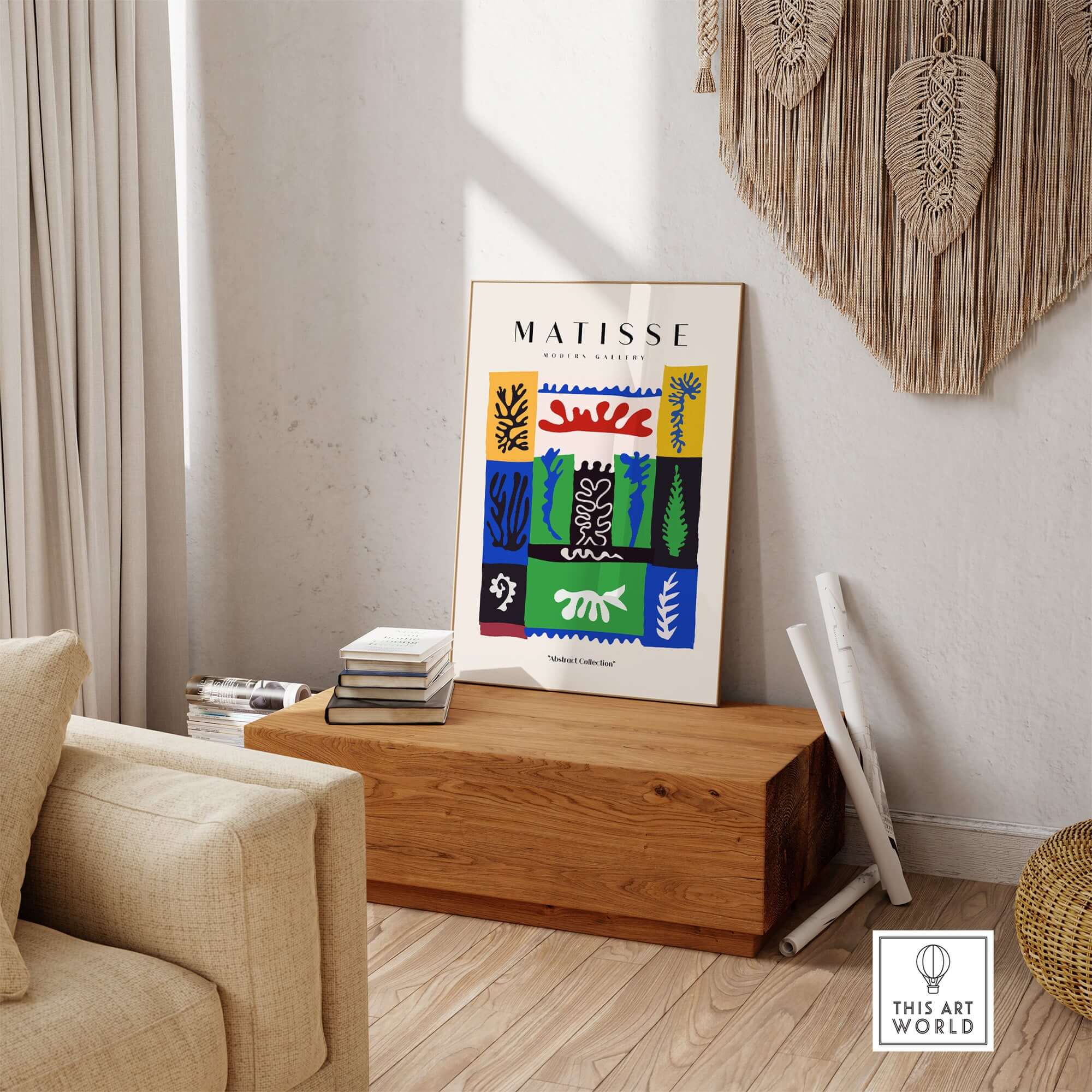 Matisse Art Prints -  Complex Abstract Botanical Patchwork Poster displayed in a stylish living room setting.