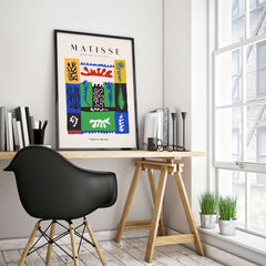 Matisse Art Prints -  Complex Abstract Botanical Patchwork Poster displayed in a modern workspace with stylish decor.