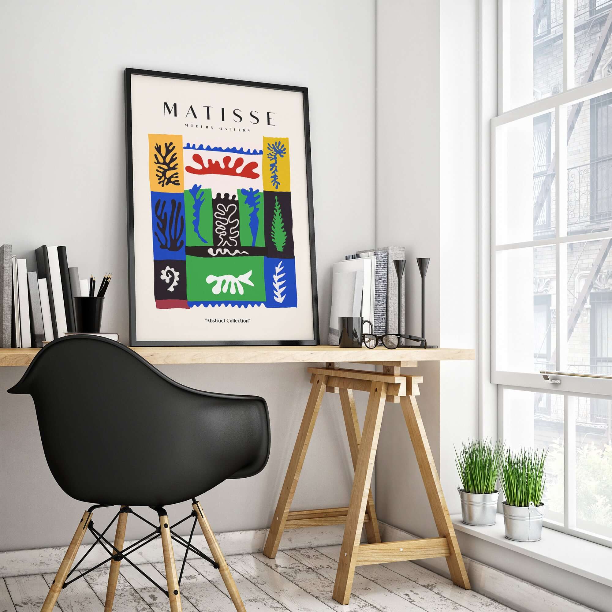 Matisse Art Prints -  Complex Abstract Botanical Patchwork Poster displayed in a modern workspace with stylish decor.