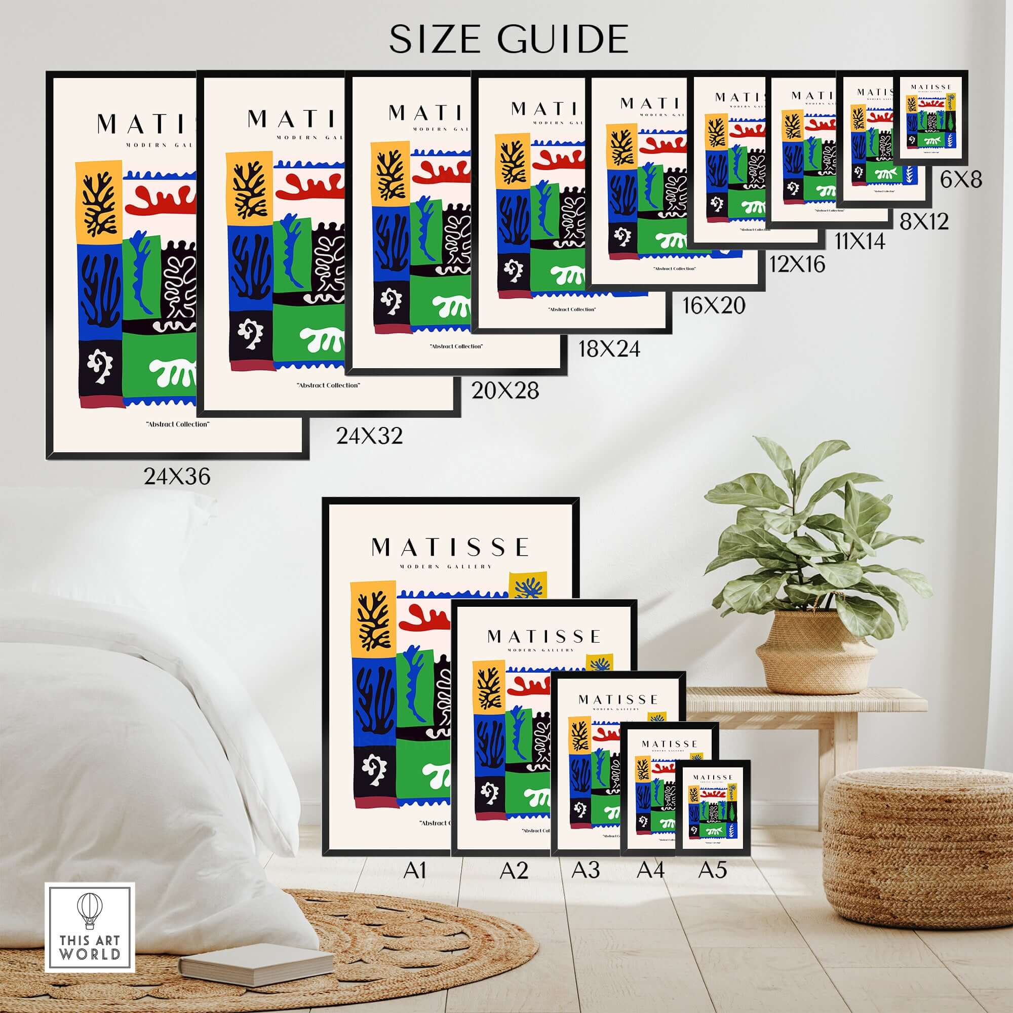 Matisse Art Prints -  Complex Abstract Botanical Patchwork Poster size guide featuring various dimensions and layout options.