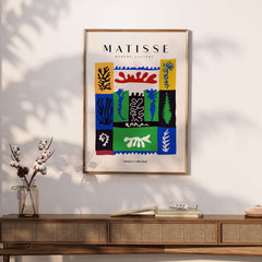 Matisse Art Prints - Complex Abstract Botanical Patchwork Poster displayed in a stylish interior with abstract motifs.