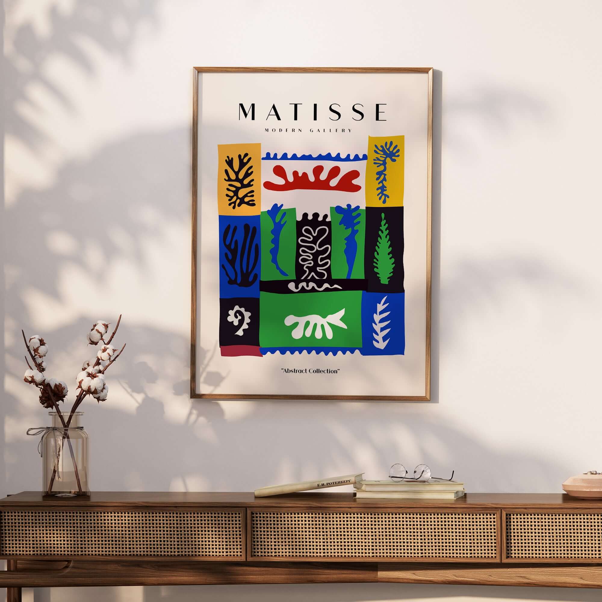 Matisse Art Prints - Complex Abstract Botanical Patchwork Poster displayed in a stylish interior with abstract motifs.