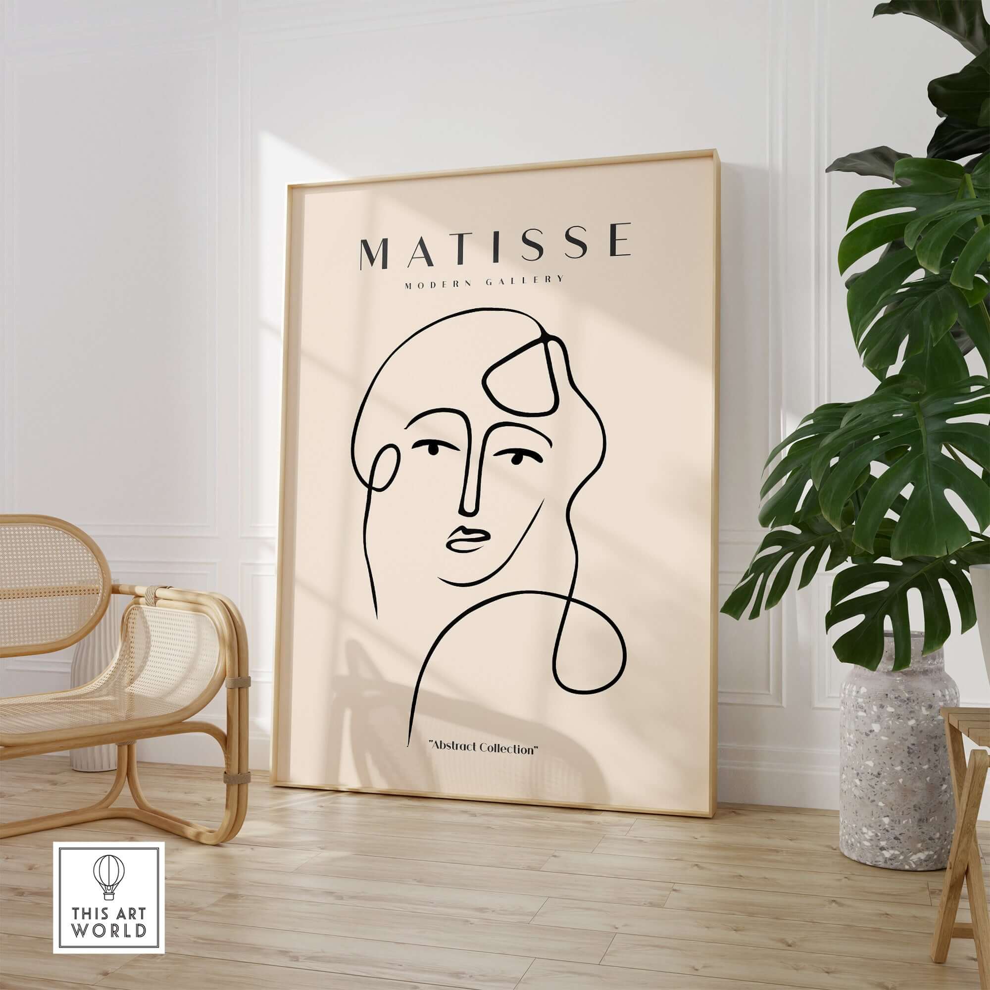 Matisse Art Prints - Continuous Line Abstract Face Poster displayed in a stylish interior with neutral tones.