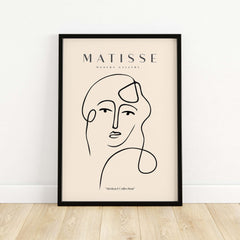 Matisse Art Prints - Continuous Line Abstract Face Poster featuring a minimalist black line drawing on a beige background.