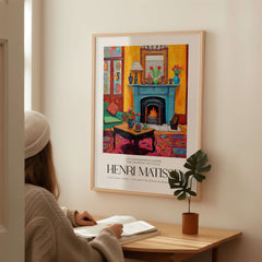 Matisse Art Prints - Cozy Fireplace Interior Poster featuring vibrant colors and a cozy living room scene.
