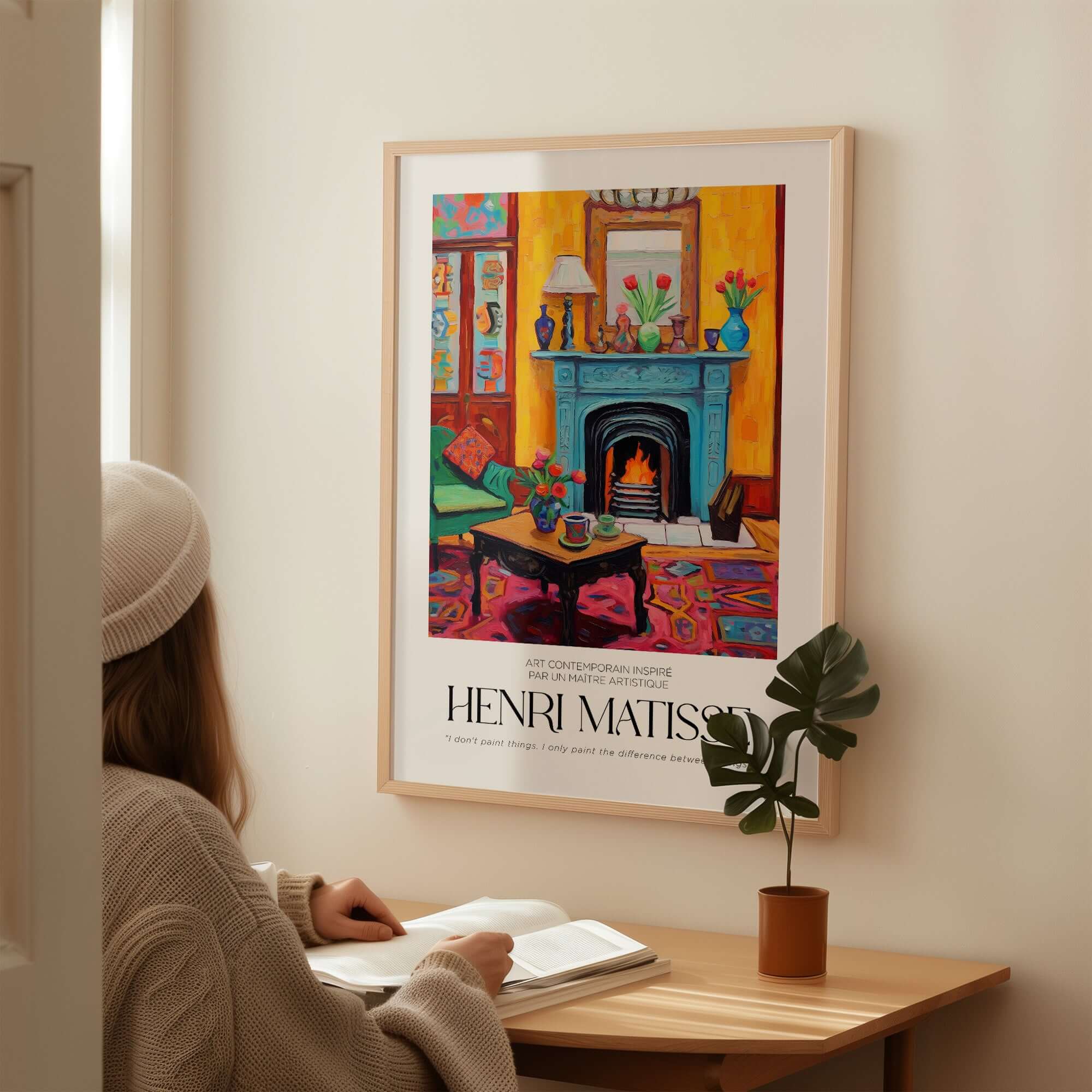 Matisse Art Prints - Cozy Fireplace Interior Poster featuring vibrant colors and a cozy living room scene.