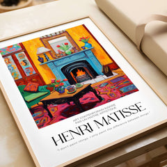 Matisse Art Prints - Cozy Fireplace Interior Poster featuring vibrant colors, a fireplace, and cozy furniture in Fauvist style.