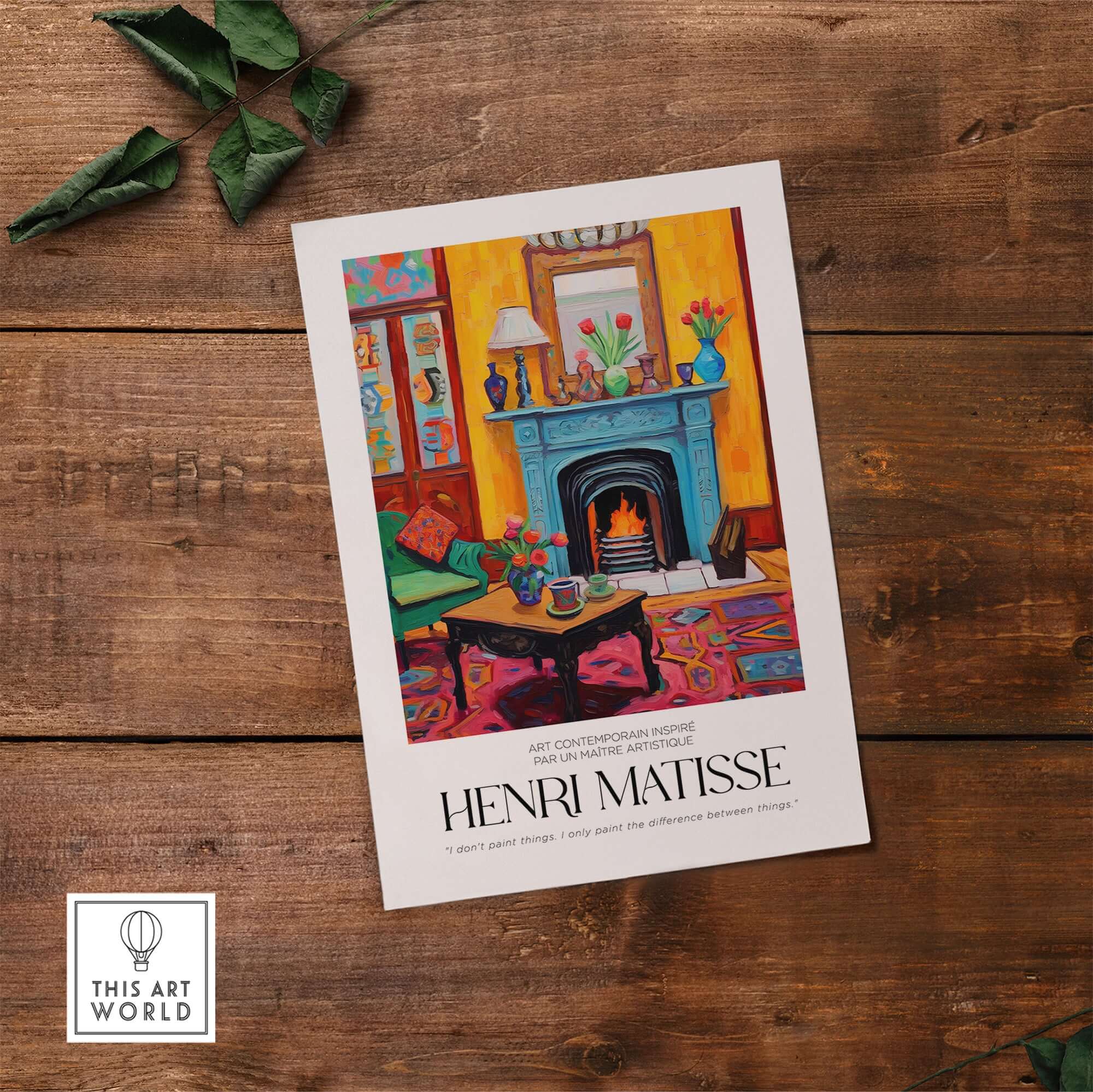 Matisse Art Prints - Cozy Fireplace Interior Poster featuring vibrant colors and a cozy room with a fireplace.