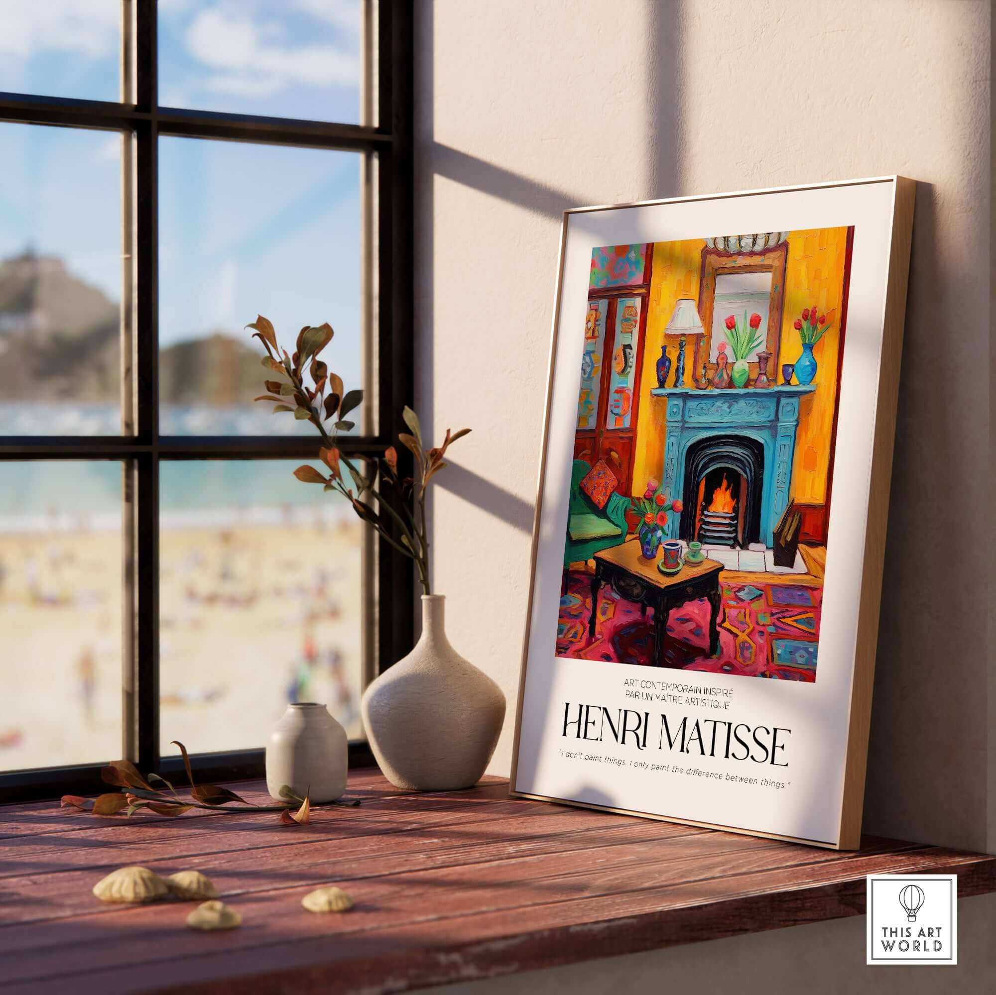 Matisse Art Prints - Cozy Fireplace Interior Poster displayed on a sunny windowsill with vibrant colors and inviting decor.