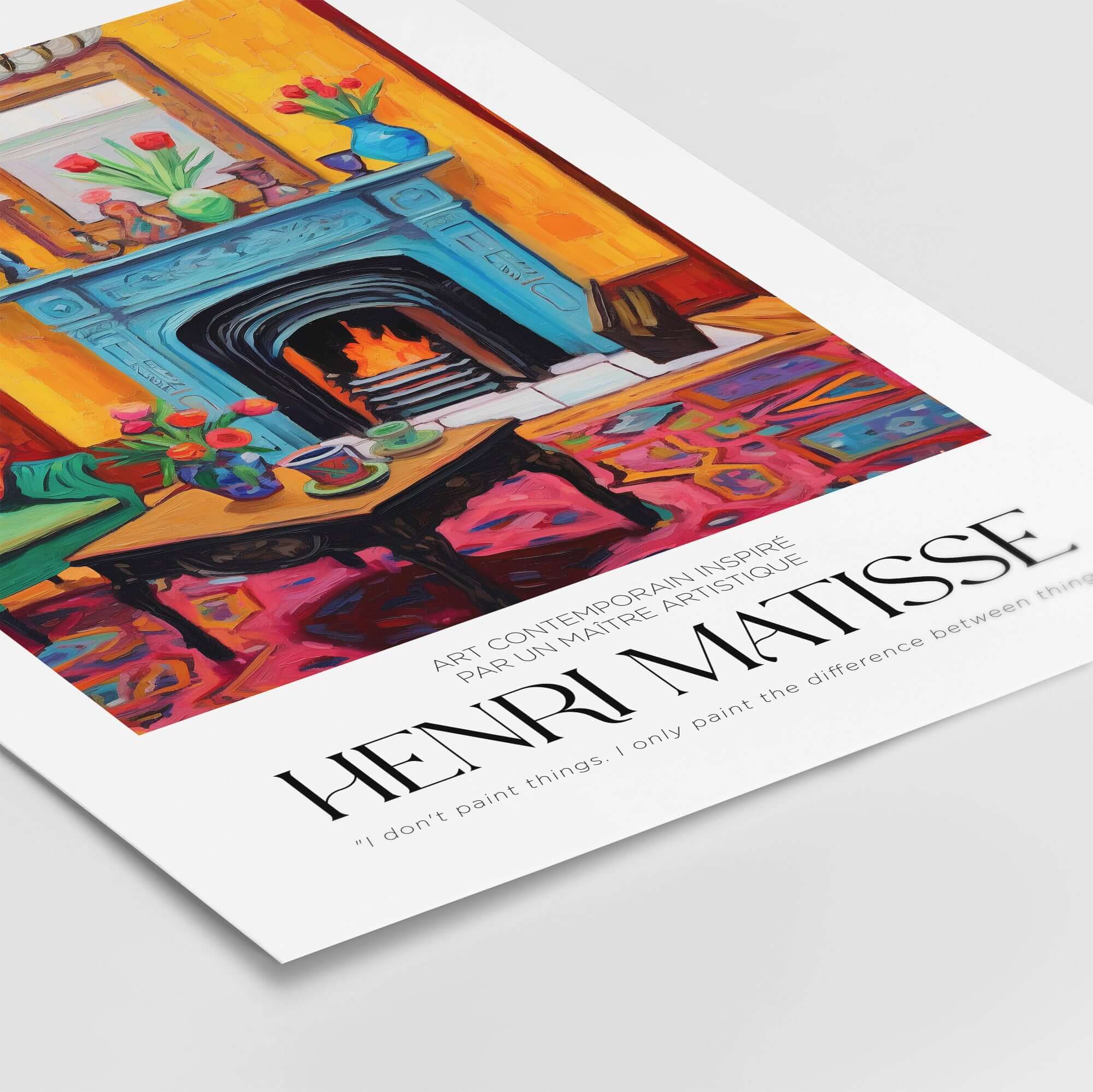 Matisse Art Prints - Cozy Fireplace Interior Poster, colorful Fauvist style art print featuring a cozy room with a fireplace.