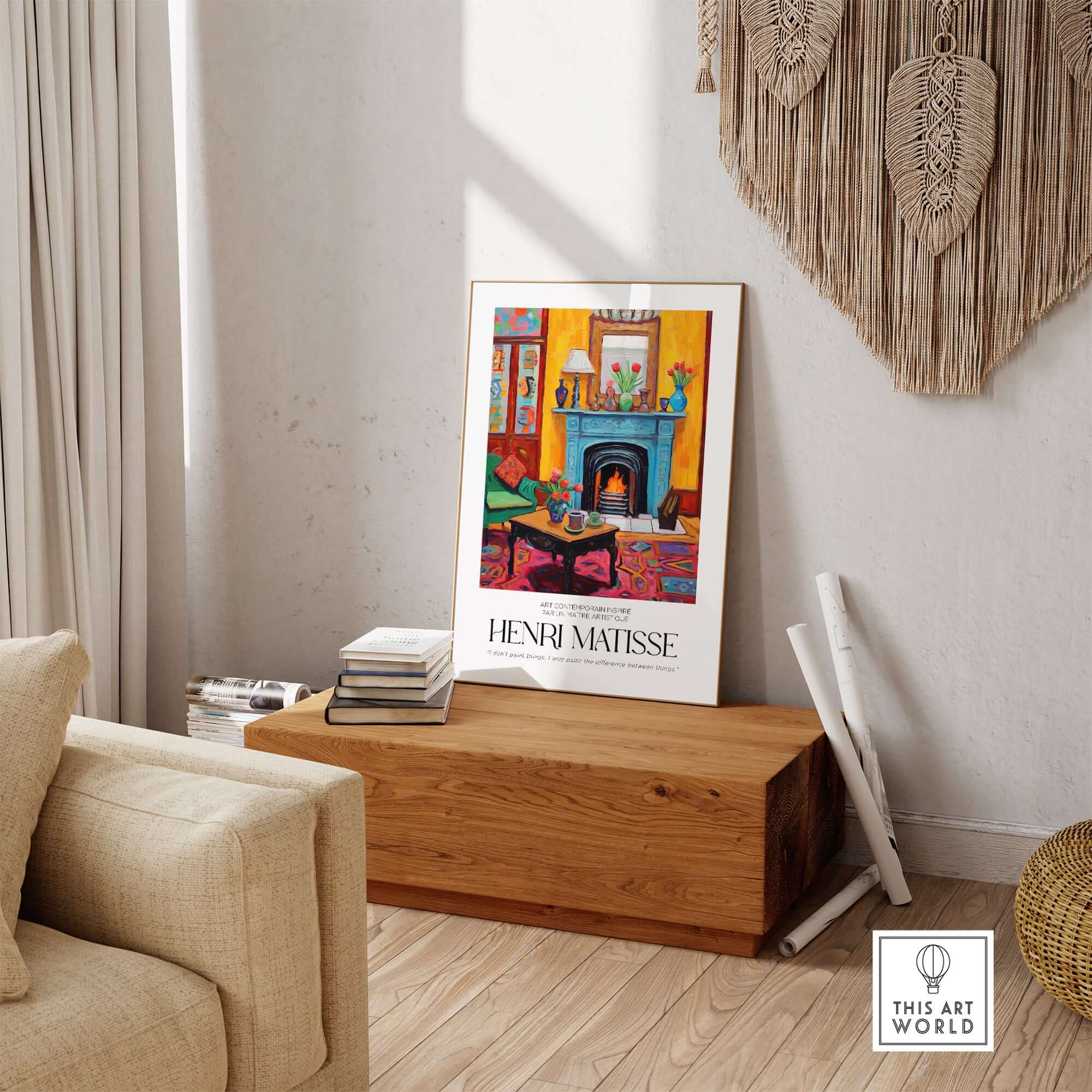 Matisse Art Prints - Cozy Fireplace Interior Poster displayed in a living room with a cozy ambiance and vibrant colors.