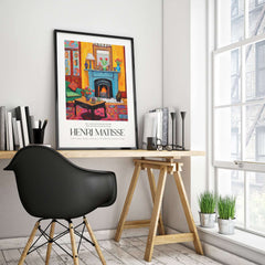 Matisse Art Prints - Cozy Fireplace Interior Poster featuring a colorful room with a lit fireplace and vibrant decor.