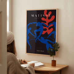 Matisse Art Prints - Dance Blue Figures Poster featuring vibrant blue figures and bold red coral against black.