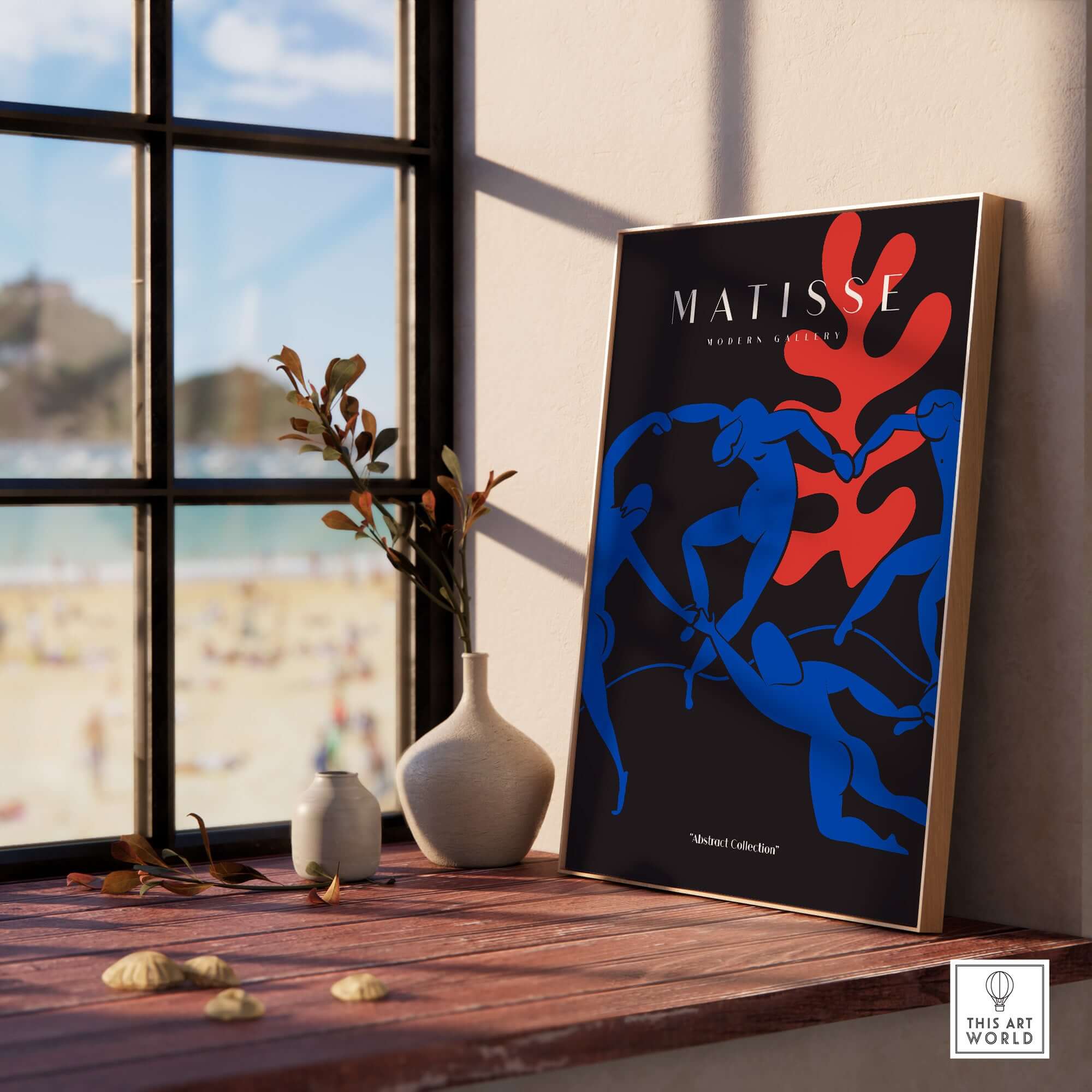 Matisse Art Prints -  Dance Blue Figures Poster displayed in a bright interior by a beach view.