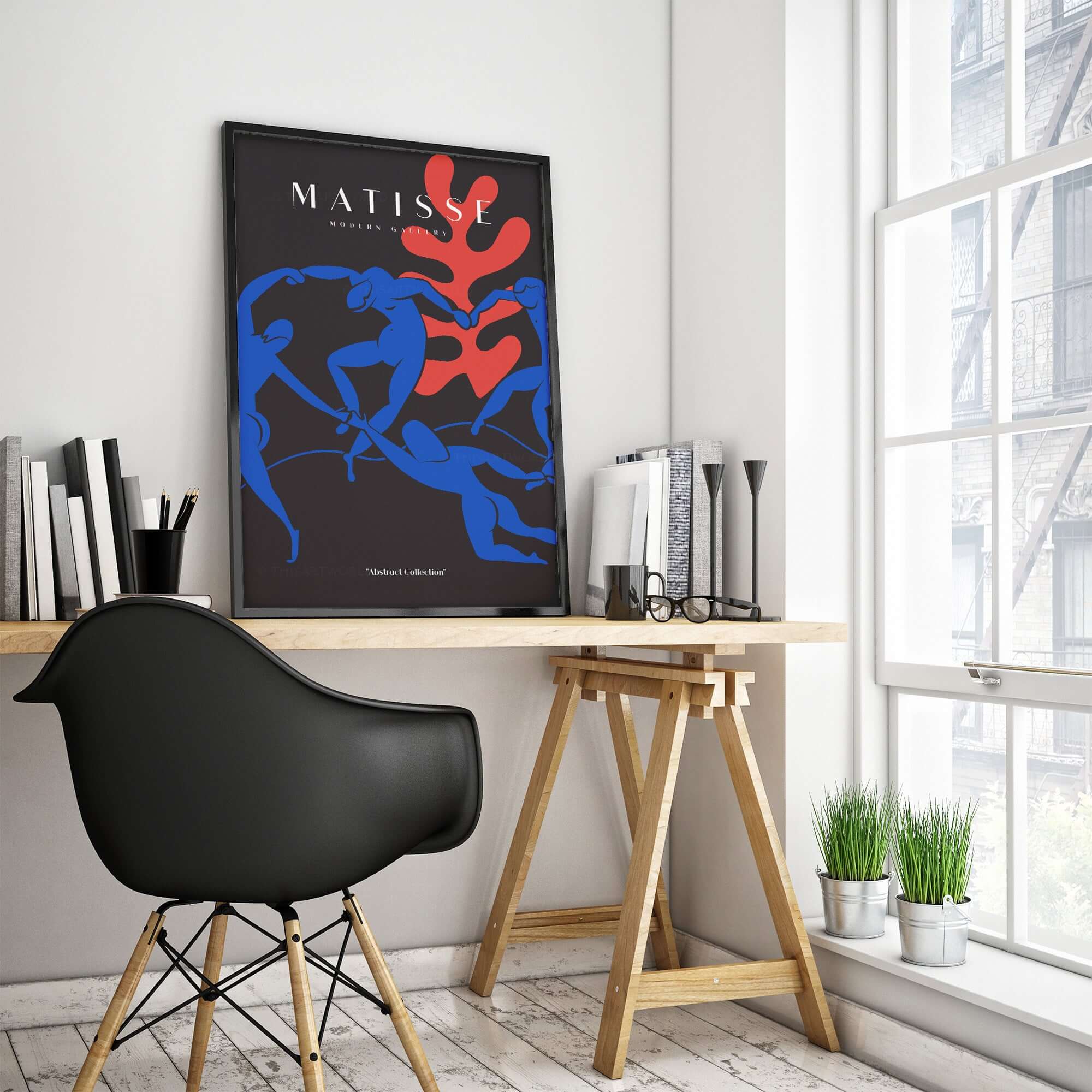 Matisse Art Prints -  Dance Blue Figures Poster displayed in a modern workspace with artistic decor.