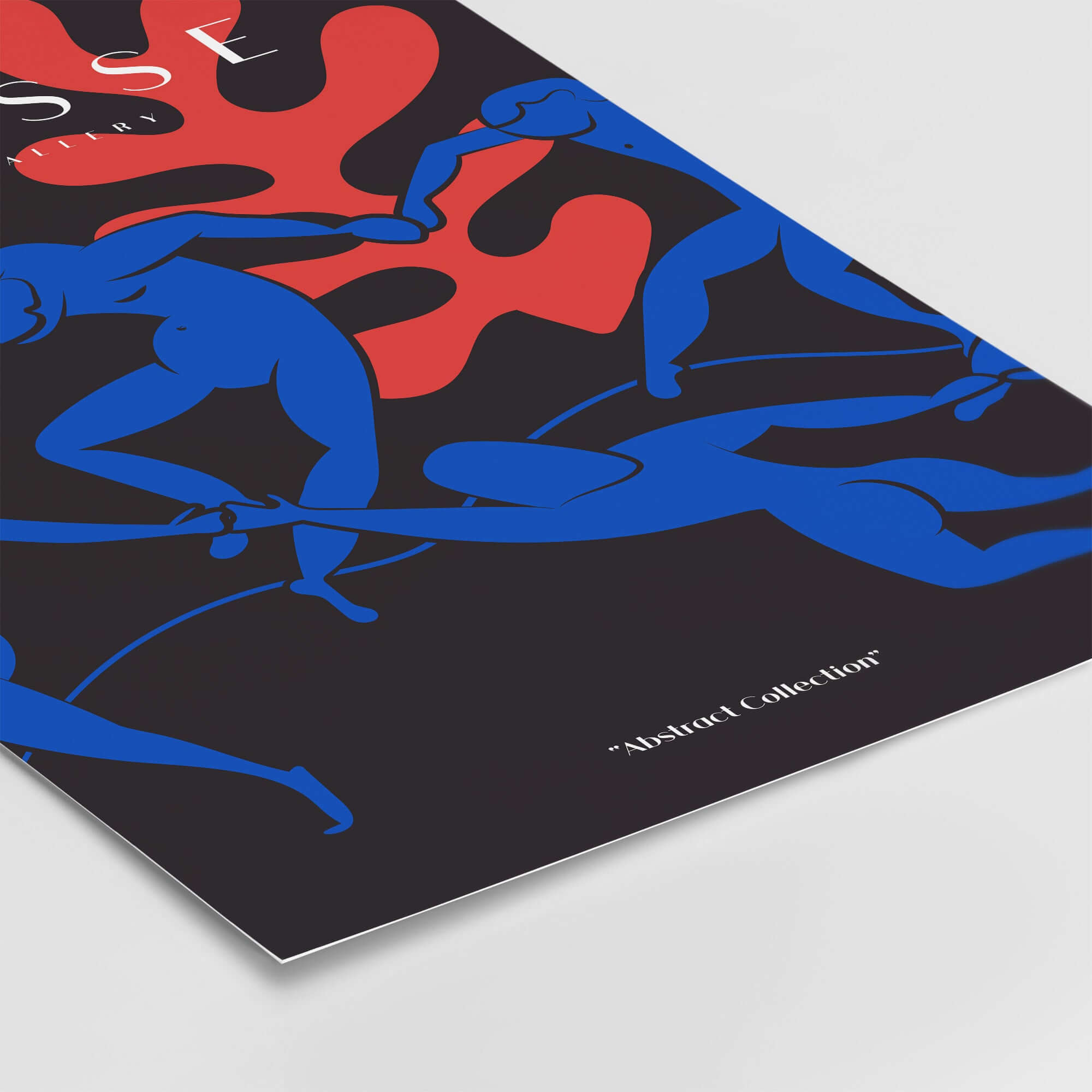 Matisse Art Prints -  Dance Blue Figures Poster featuring blue cut-out figures and bold coral shapes on black background.