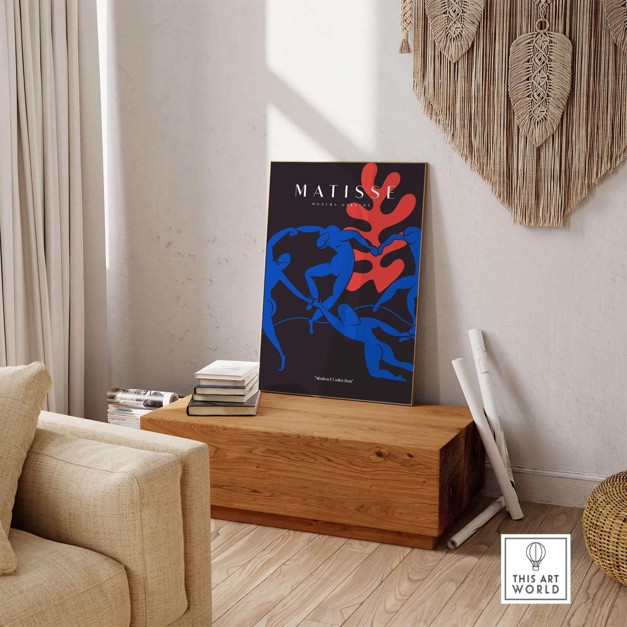 Matisse Art Prints -  Dance Blue Figures Poster displayed in modern decor, showcasing vibrant blue and red cut-out figures.