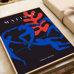 Matisse Art Prints - Dance Blue Figures Poster featuring vibrant blue figures and red coral on a black background.