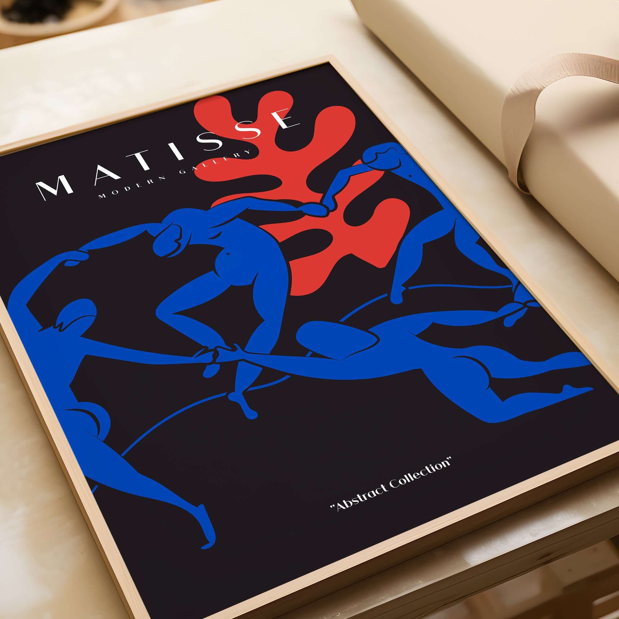 Matisse Art Prints - Dance Blue Figures Poster featuring vibrant blue figures and red coral on a black background.