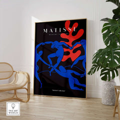 Matisse Art Prints -  Dance Blue Figures Poster featuring abstract blue figures and bold red shapes on a black background.