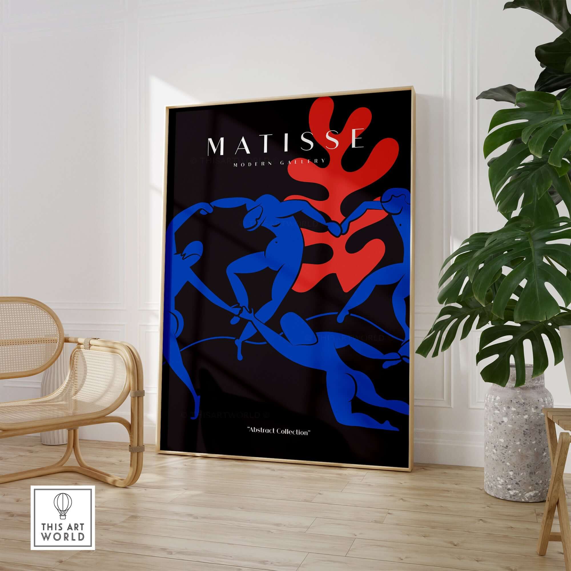 Matisse Art Prints -  Dance Blue Figures Poster featuring abstract blue figures and bold red shapes on a black background.