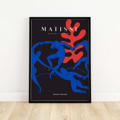 Matisse Art Prints -  Dance Blue Figures Poster featuring vibrant blue figures and bold red coral shape on black background.