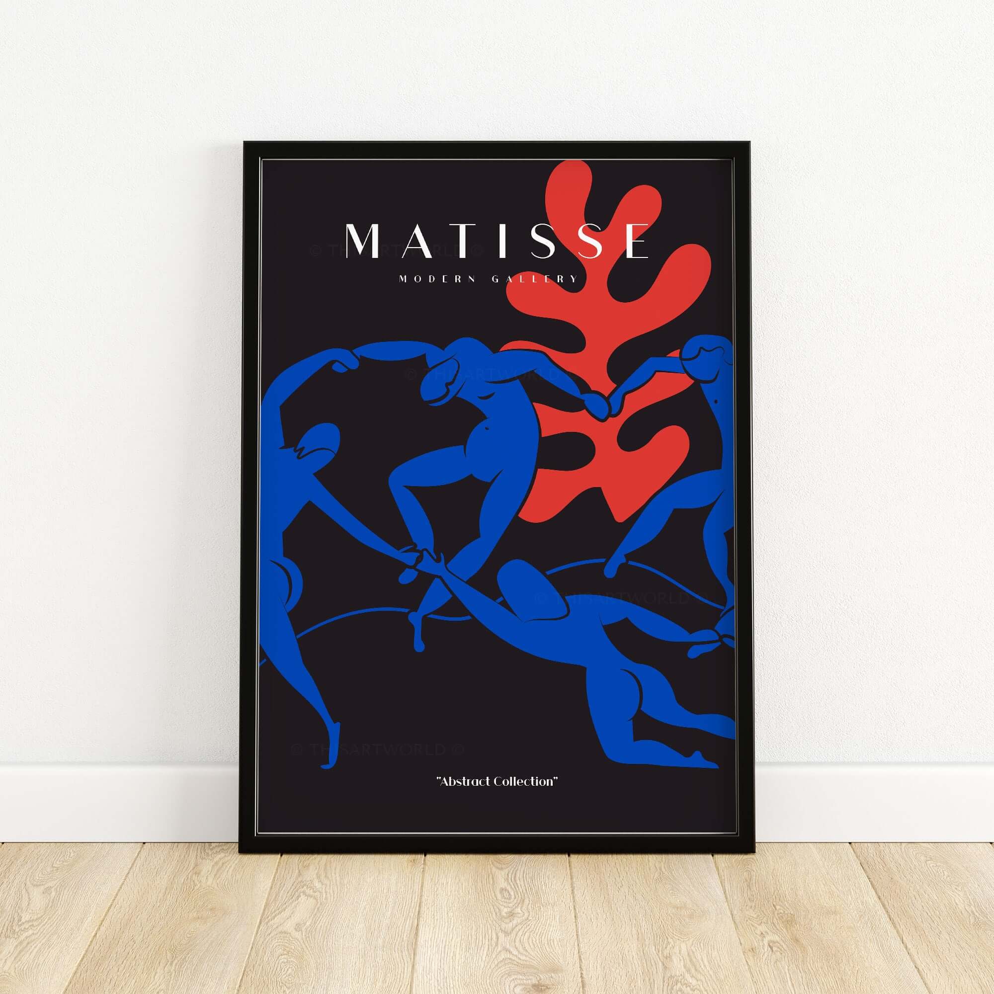 Matisse Art Prints -  Dance Blue Figures Poster featuring vibrant blue figures and bold red coral shape on black background.