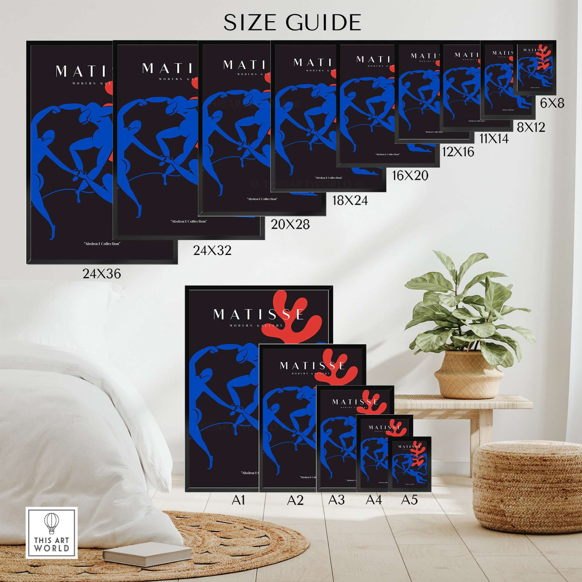 Matisse Art Prints -  Dance Blue Figures Poster size guide showcasing various dimensions for optimal display.