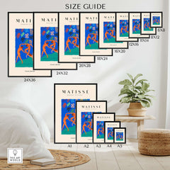 Matisse Art Prints - The Dance Figures Abstract Sky Poster size guide displayed on a wall with multiple frame sizes.