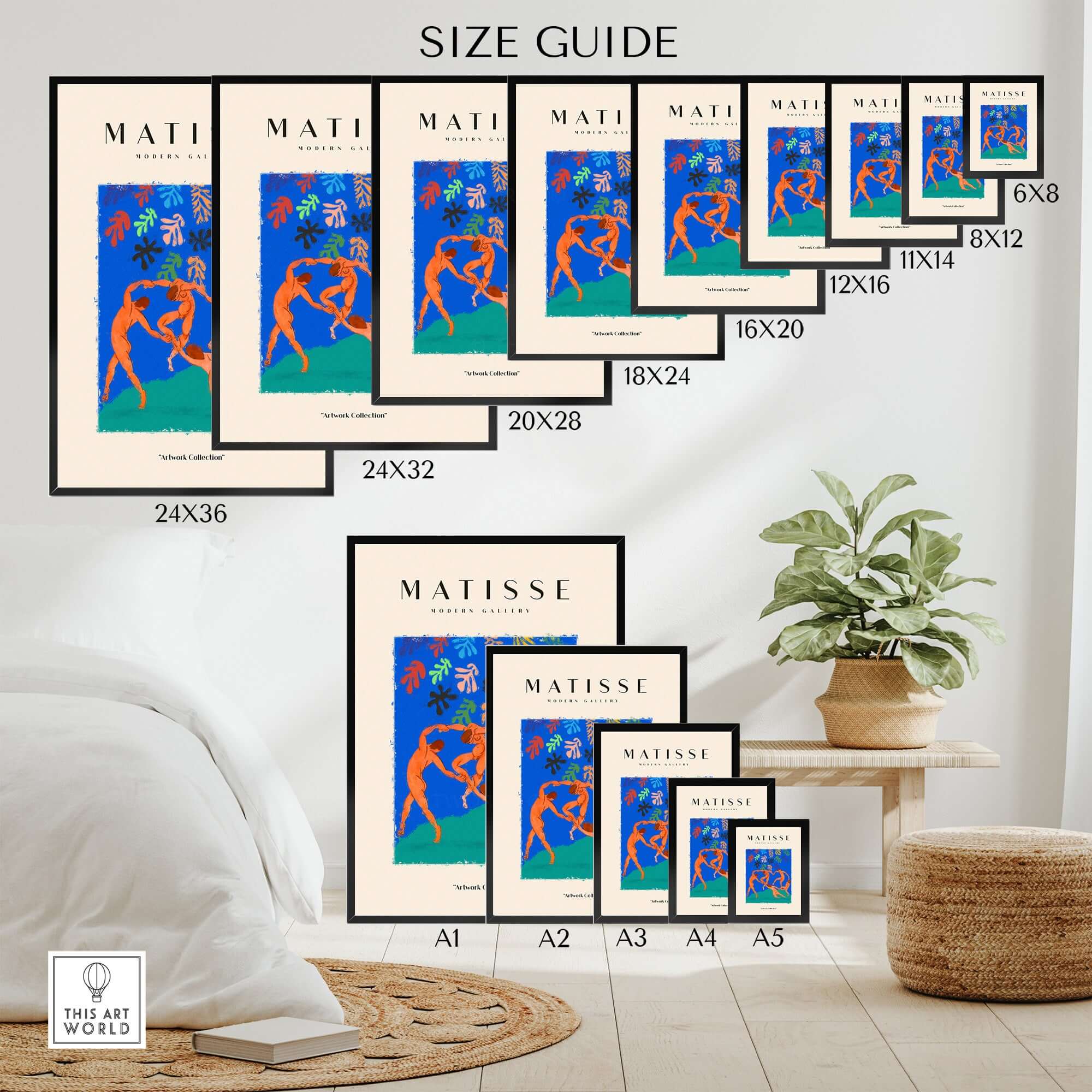 Matisse Art Prints - The Dance Figures Abstract Sky Poster size guide displayed on a wall with multiple frame sizes.