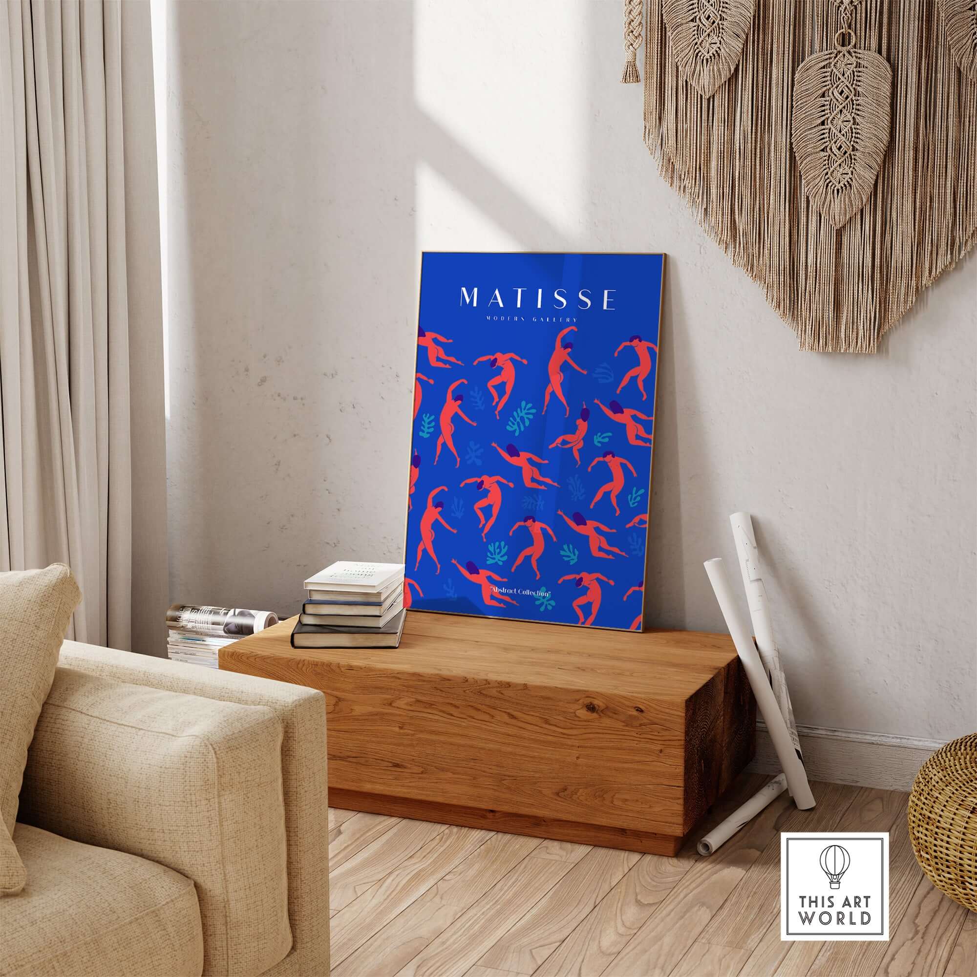 Matisse Art Prints -  Dancing Figures Pattern Red Blue Poster showcased in a contemporary interior setting.
