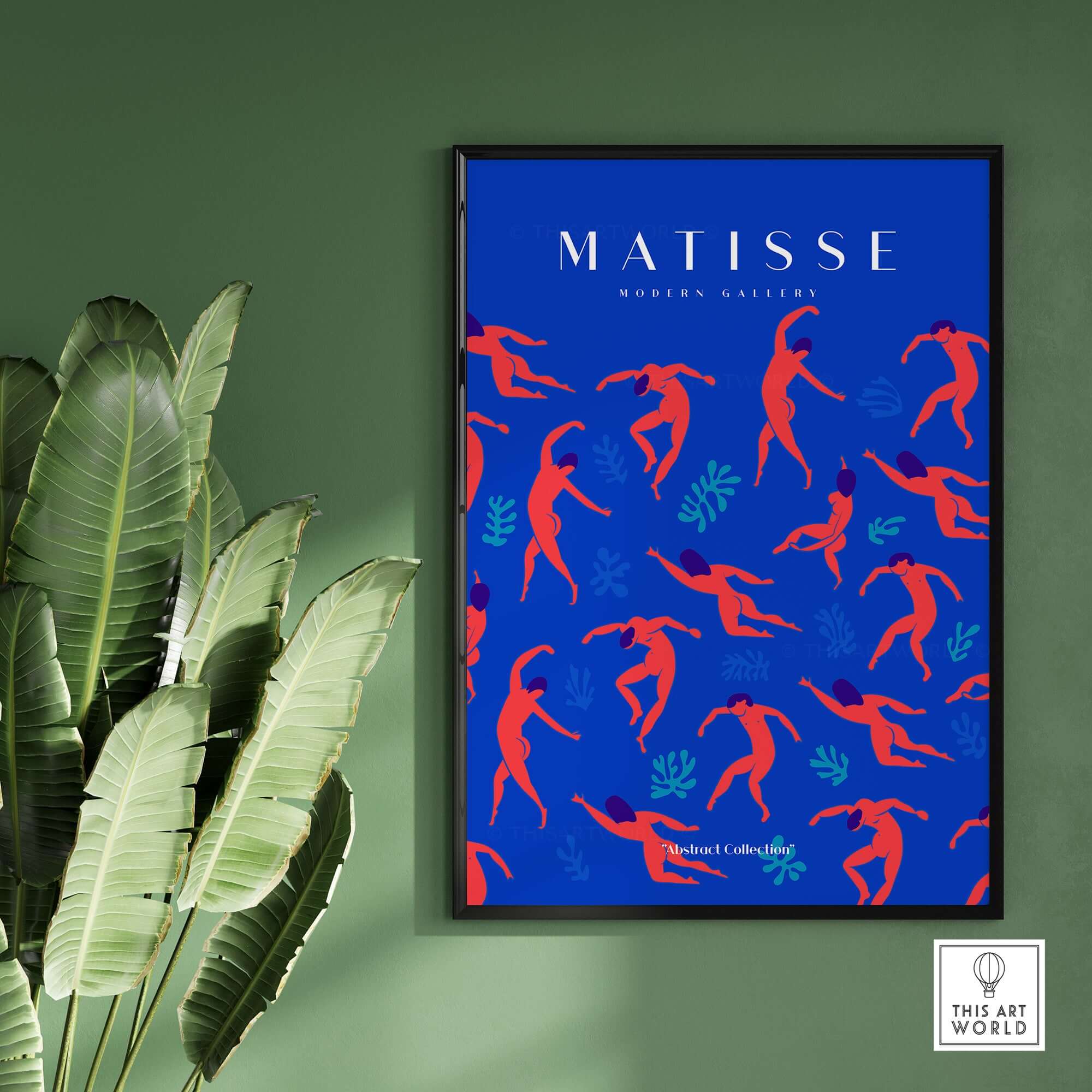 Matisse Art Prints -  Dancing Figures Pattern Red Blue Poster featuring expressive dancers on a vibrant blue background.