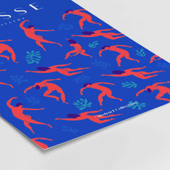 Matisse Art Prints -  Dancing Figures Pattern Red Blue Poster showcasing vibrant cut-out style with dancing figures on blue background.