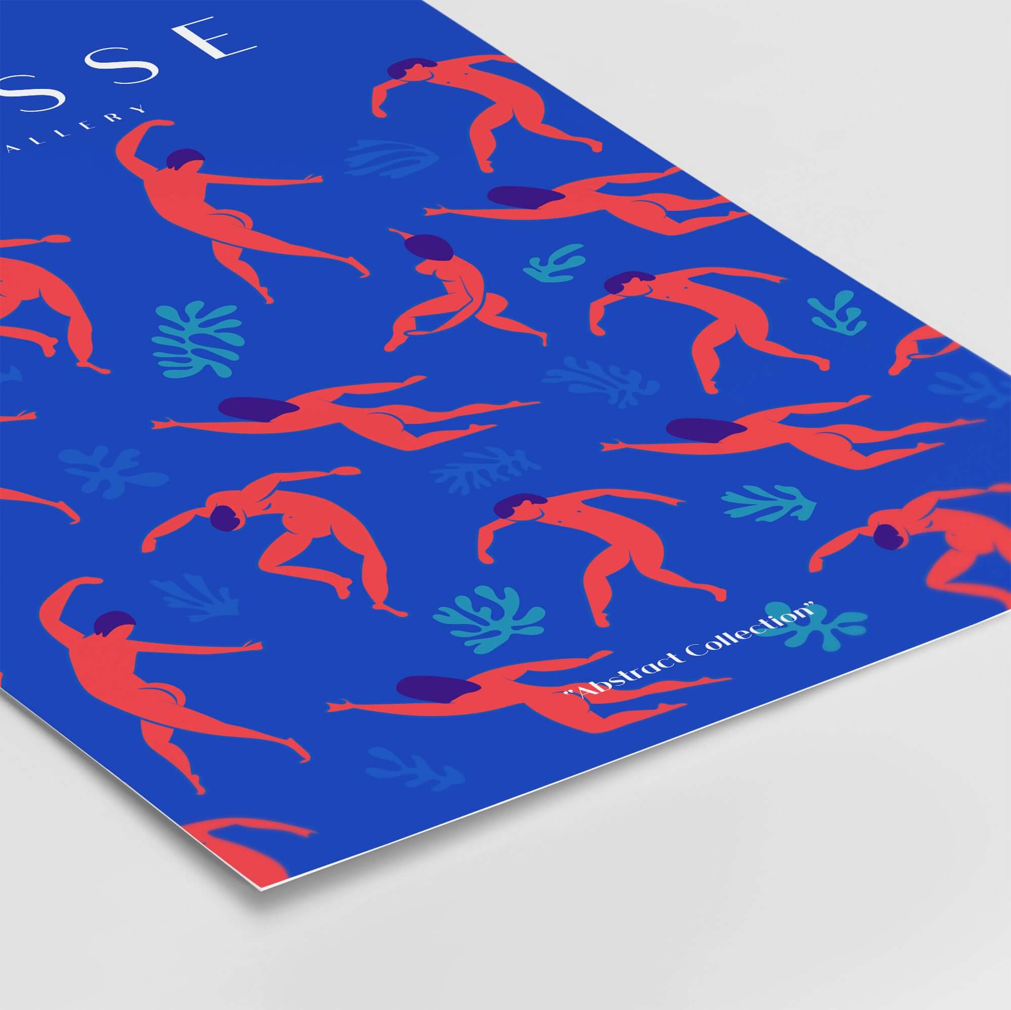 Matisse Art Prints -  Dancing Figures Pattern Red Blue Poster showcasing vibrant cut-out style with dancing figures on blue background.