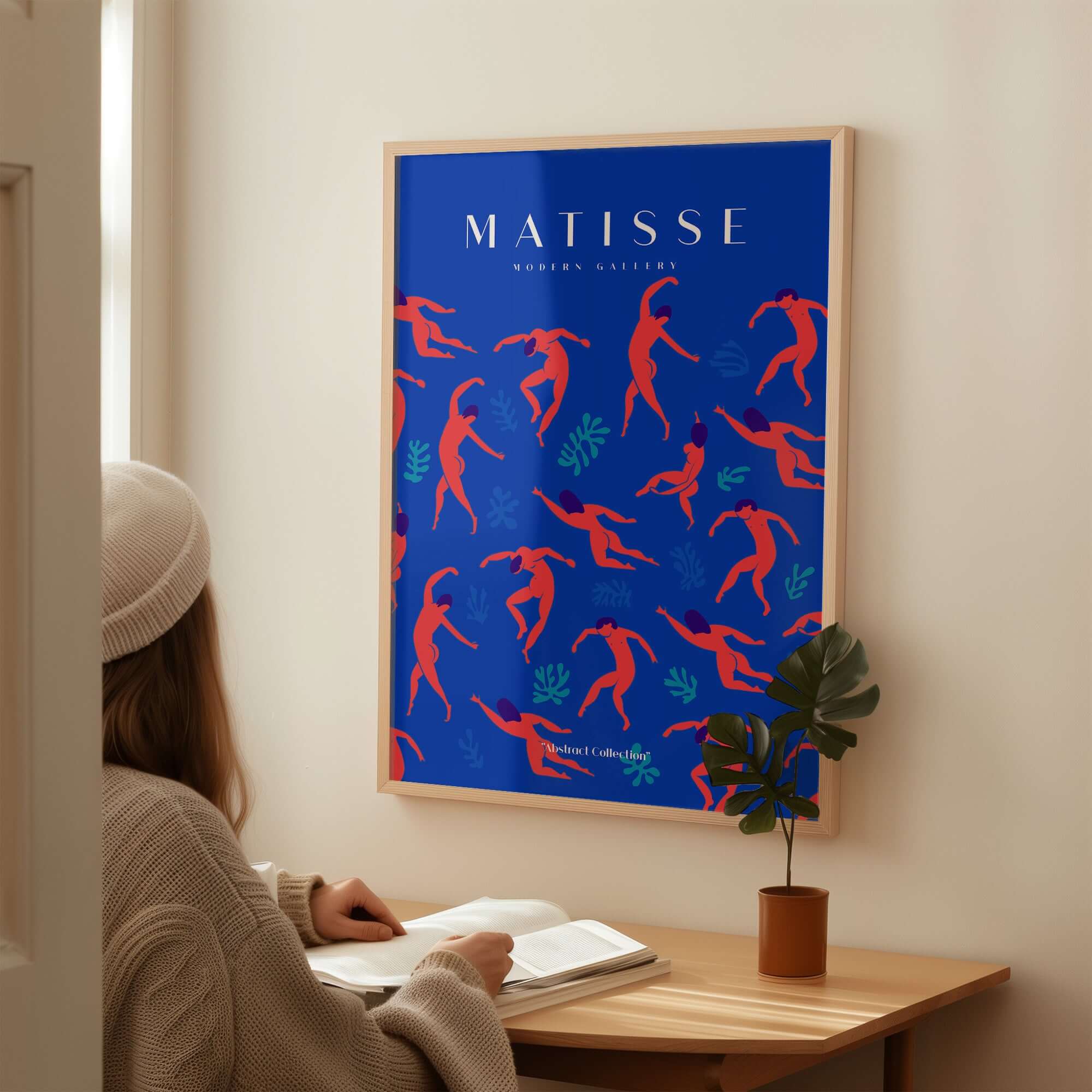 Matisse Art Prints -  Dancing Figures Pattern Red Blue Poster showcasing vibrant dancing figures on a blue background.
