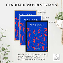 Matisse Art Prints -  Dancing Figures Pattern Red Blue Poster displayed in handmade wooden frames in natural, white, and black.