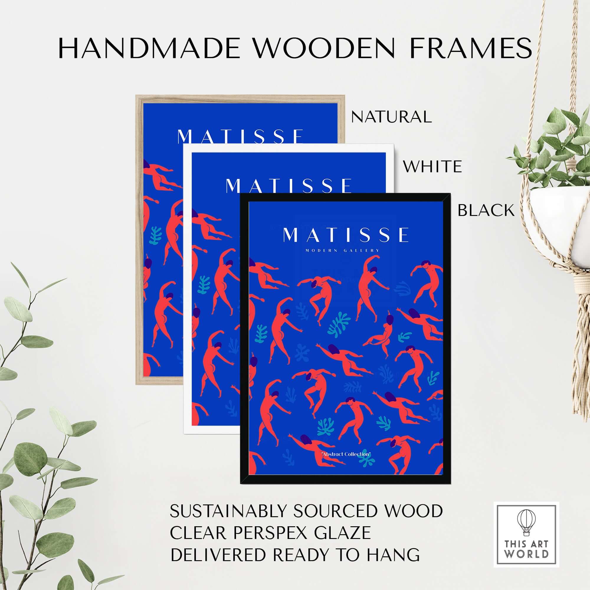 Matisse Art Prints -  Dancing Figures Pattern Red Blue Poster displayed in handmade wooden frames in natural, white, and black.