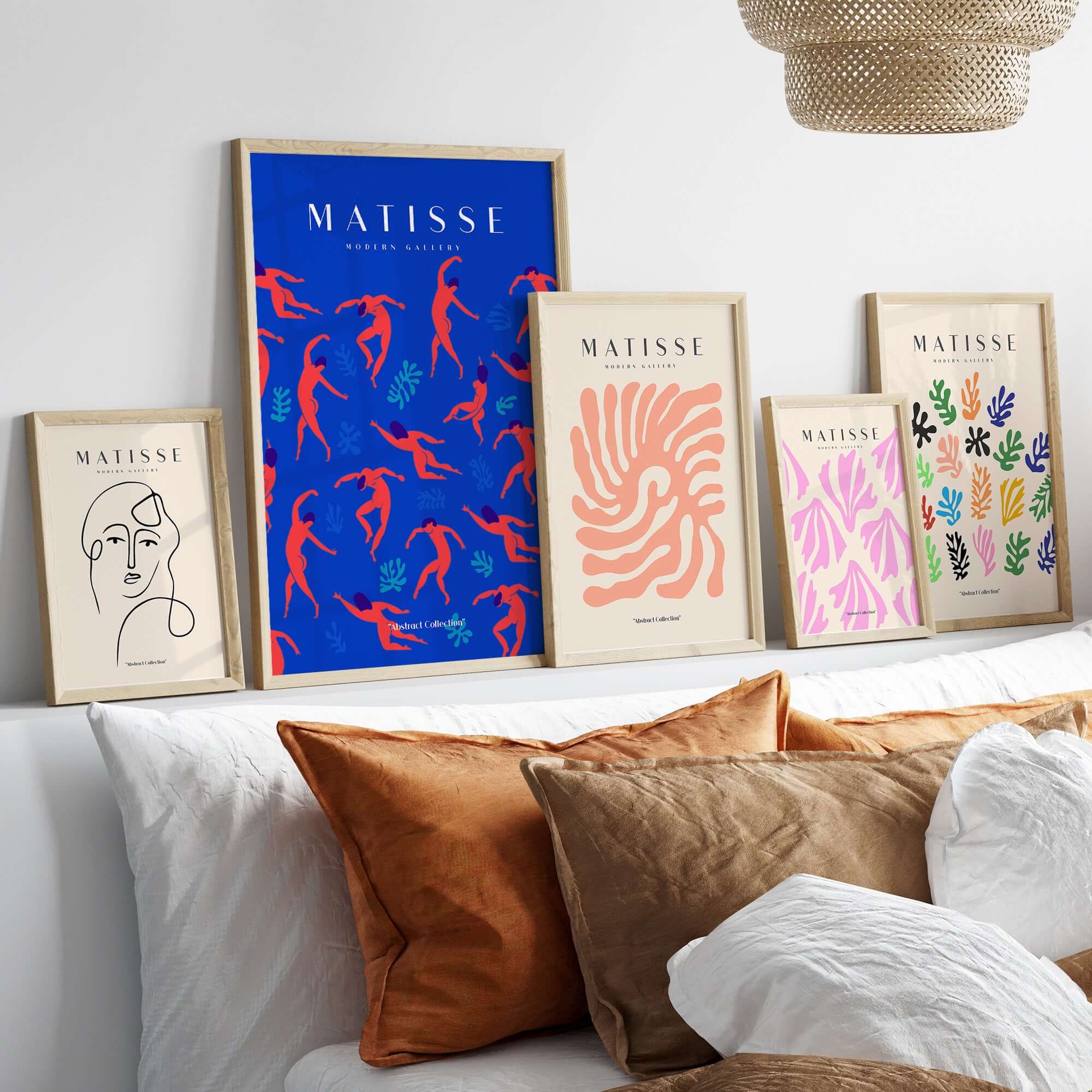 Matisse Art Prints -  Dancing Figures Pattern Red Blue Poster displayed on a shelf with other art pieces.