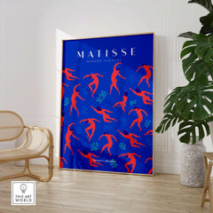 Matisse Art Prints - Dancing Figures Pattern Red Blue Poster featuring vibrant dancing figures on blue background.